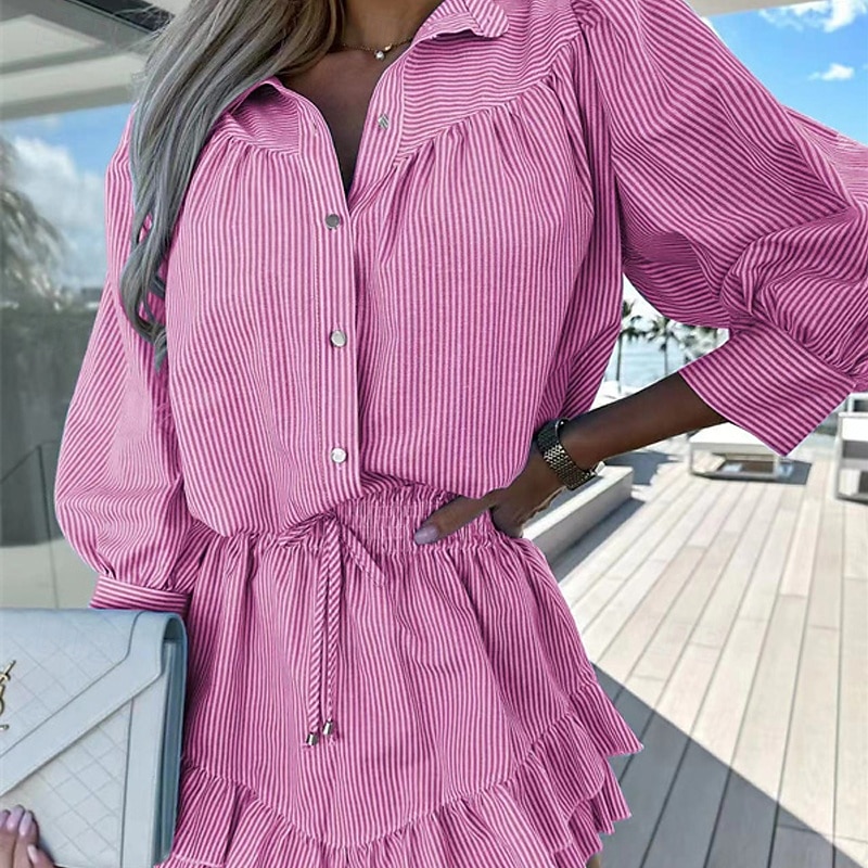 Mulheres Moda Roupa de rua Camisas de algodão e linho Conjuntos de linho de algodão Conjuntos de shorts Manga Longa Colarinho de Camisa Listrado Imprimir Roupa Diária Encontro Rosa Azul Cinzento Verão de 2025 por $27.99 –P5