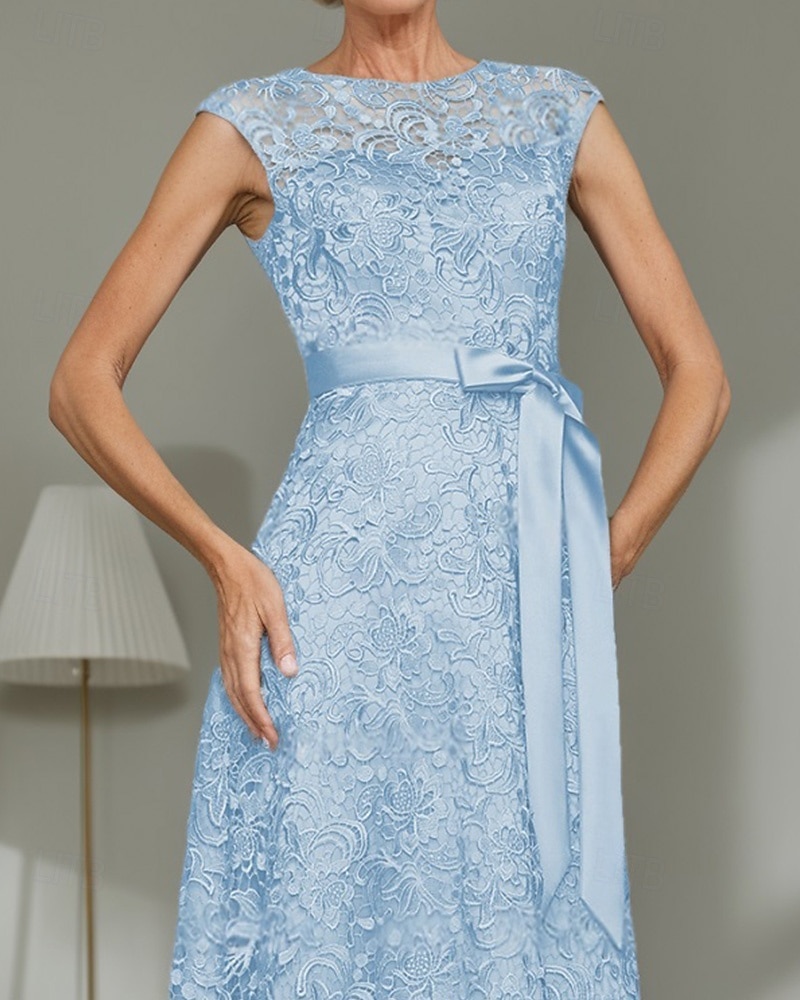 Robe Mère de la Mariée A-Line Bleu Ciel Élégante Invité de Mariage Simple Luxueuse Col Bateau Longueur de Sol Satin Ceinture Dentelle Sans Manches de 2025 ? $158.99 –P2