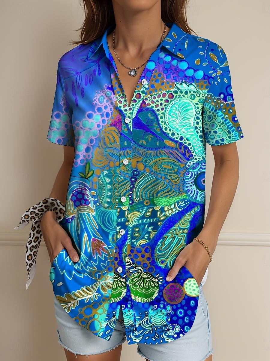 Femmes Chemise Graphique Géométrique Abstrait ancien Tropical Quotidien Manche Courte Col de chemise Hauts Réguliers Quotidien Rouge Bleu Violet Vert Été Printemps de 2025 ? $24.99 –P4