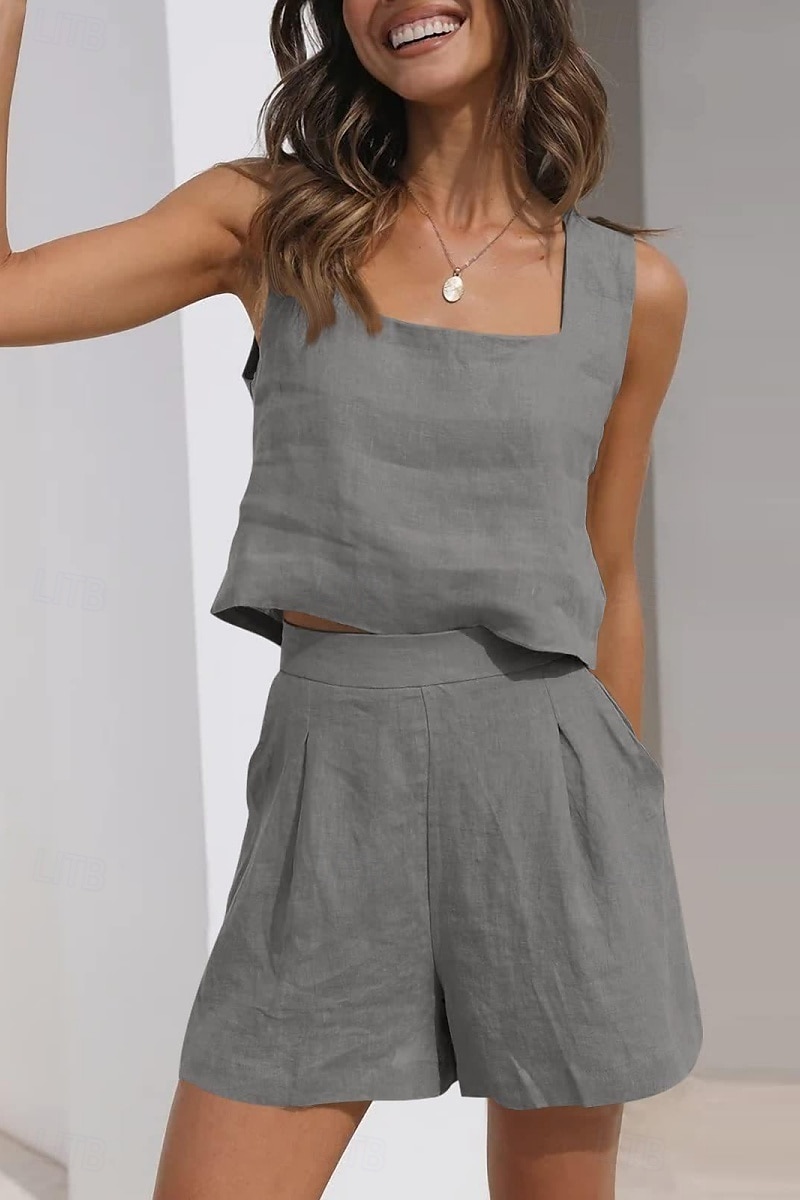 Femmes Actif Basique Ensembles en coton et lin Sans manches Col carré Couleur Unie Décontracté Quotidien Noir Rose Claire Vert Véronèse Été Coupe régulière de 2025 ? $25.99 –P15
