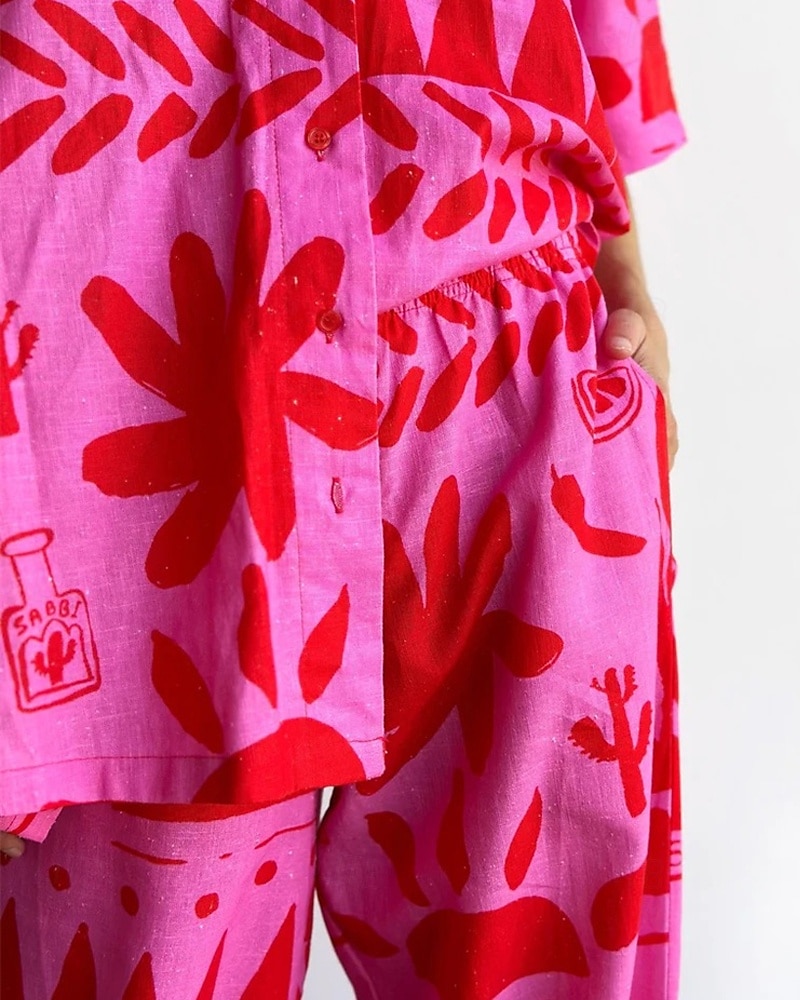 Femmes Mode Streetwear Chemises en coton et lin Ensembles en coton et lin Ensembles de Pantalons Manche Courte Col de chemise Fleuri Imprimé Tenue quotidienne Date Rose Claire Été Coupe régulière de 2025 ? $43.99 –P6