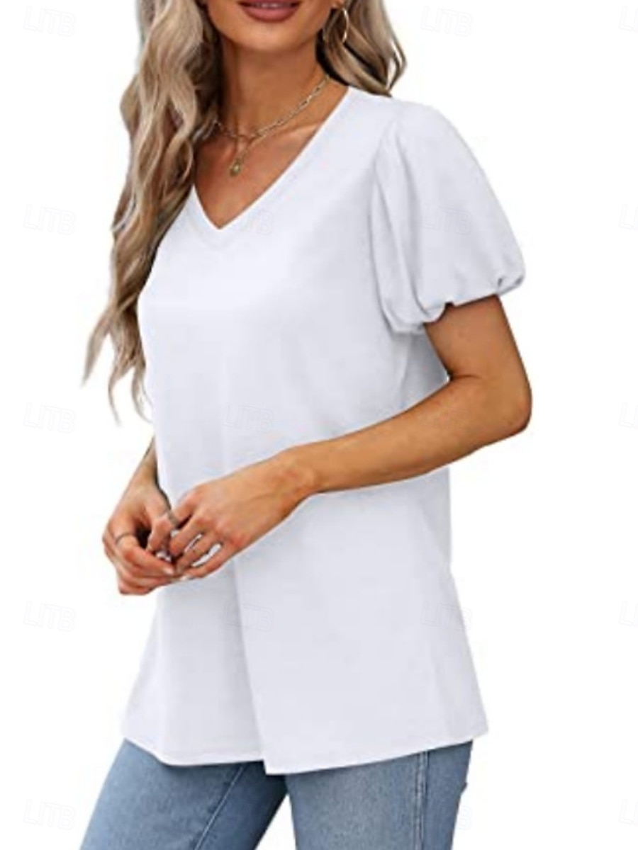Femmes Chemisier Couleur Unie Quotidien Élégant Occasionnel Manche Courte Col en V Hauts Réguliers Quotidien Noir Blanche Vert Été Printemps de 2025 ? $17.99 –P3