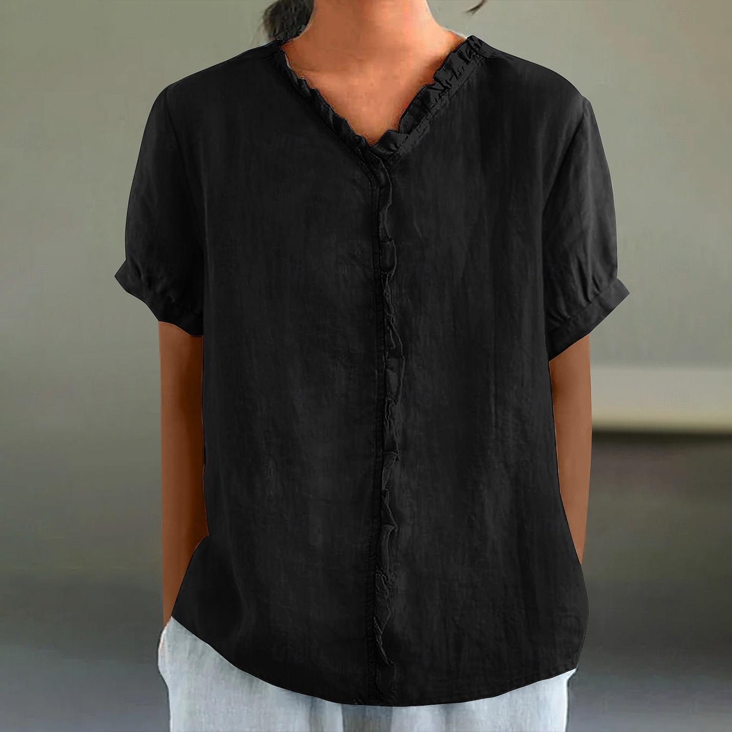 Chemisier en coton et lin pour femme, couleur unie, élégant, décontracté, manches courtes, col en V, régulier, quotidien, vacances, plissé, noir, blanc, rose, violet, vert, été de 2025 ? $23.99 –P6