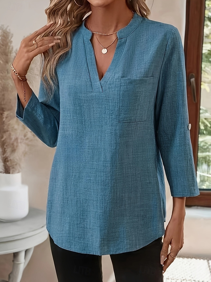 Femmes Chemise Uni Basique Occasionnel manche longue Encolure en V Hauts Réguliers Quotidien Boutons Noir Rose Claire Bleu Roi Bleu Vert Été Printemps de 2025 ? $17.99 –P2