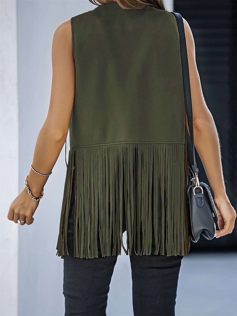 Mujer Chaqueta casual Chaleco Transpirable Cómodo Borlas Casual Plano Vacaciones Calle Casual Ropa Cotidiana Frente Abierto Regular Escote en Pico Ajuste regular Sin Mangas Ropa de calle Negro Rosa 2025 - $34.99 –P22
