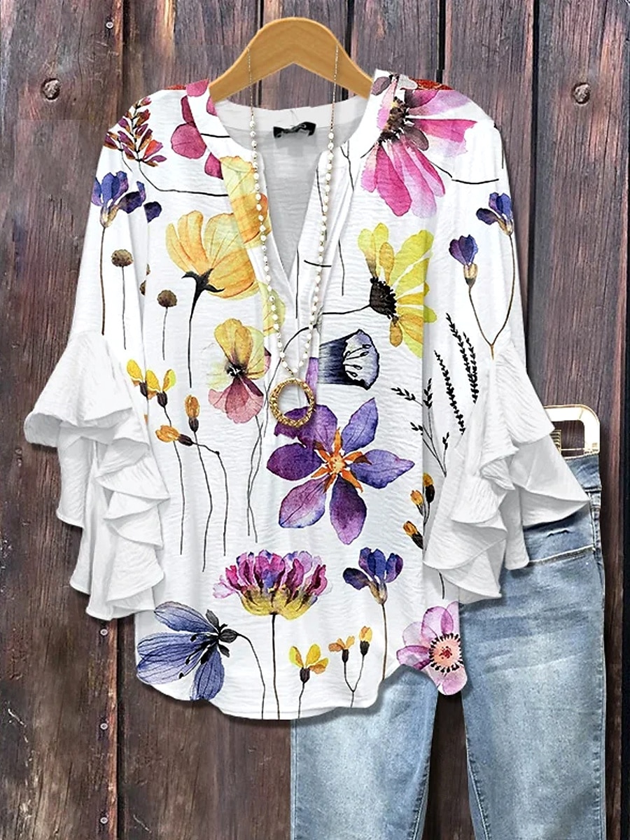 Pentru femei Bluză Ombre Floral Grafic Elegant Boemia Έθνικ Lungime Manșon 3/4 În V Topuri obișnuite Zilnic Concediu Îmbrăcăminte de vacanță Bufantă Imprimeu Alb Galben Verde Deschis Mov Roz 2025 - $29.99 –P1