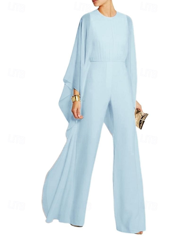 Combinaison cape  pantalon Robe mère de la mariée Élégante Simple Minimaliste Col rond Longueur de sol Chiffon Manches 3/4 avec fronces de 2025 ? $139.99 –P4