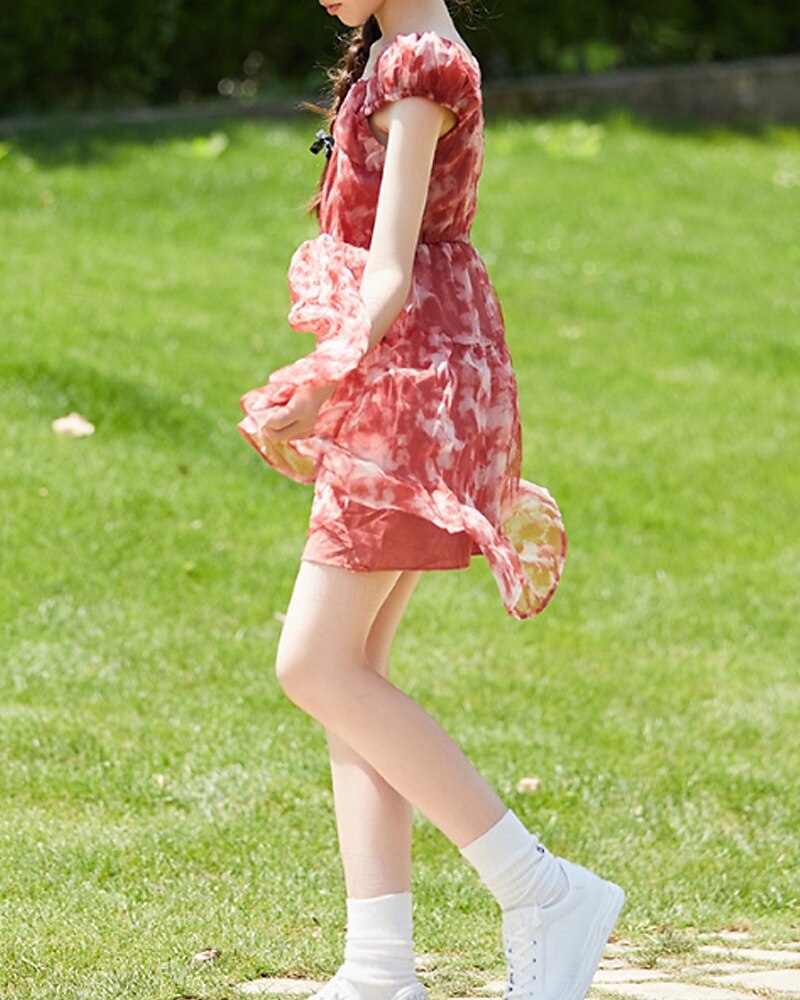 Kids Girls' Dress Flower Short Sleeve Outdoor Ruched Fashion Adorable Polyester Knee-length Casual Dress Floral Dress Summer 4 years+ Red 2025 - $51.99 –P4