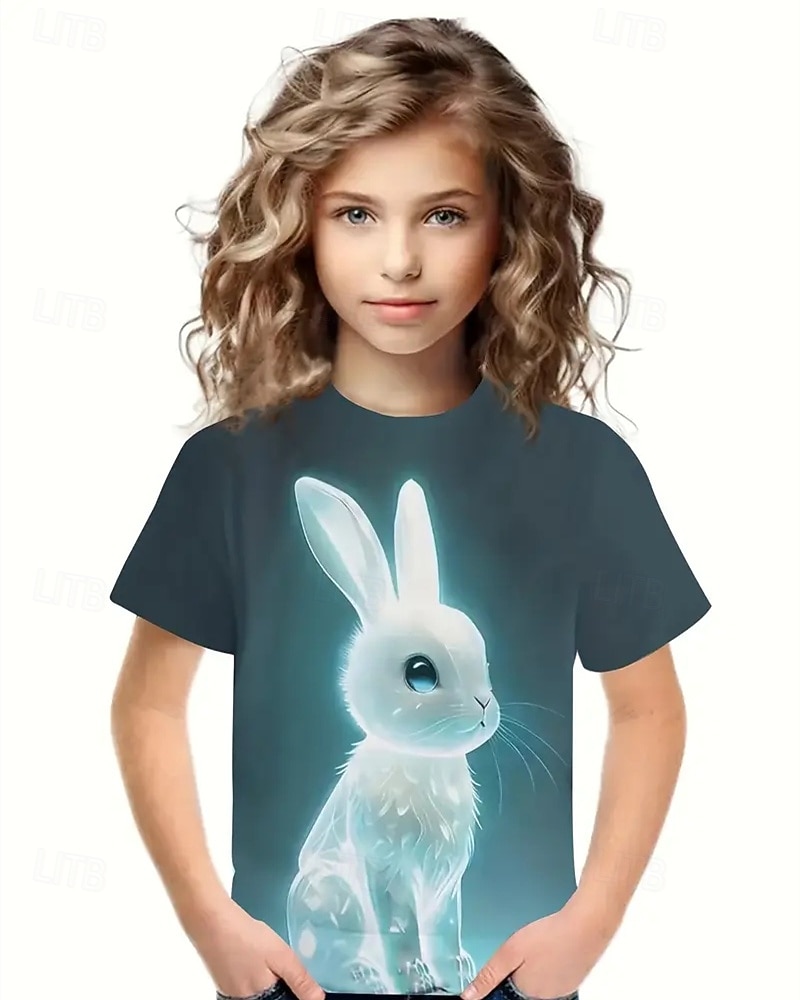 Девочки 3D Кролик Футболка С короткими рукавами Лето Весна Мода Классический Дети 4-12 лет Вырез под горло на открытом воздухе Повседневные Стандартный 2026 - $11.99 –P2