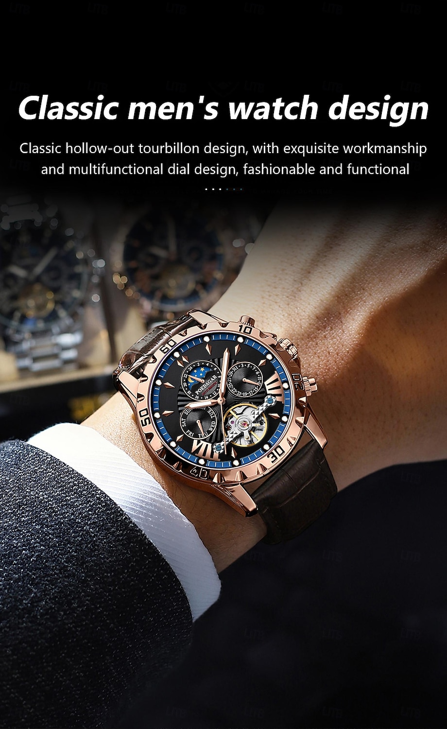 1410 Мужские Автоматические Механические Часы – Многофункциональный Турбийон с Настоящим Кожаным Ремешком Светящийся Циферблат 30M Водонепроницаемость Сапфировое Стекло Классический Бизнес 2025 - $48.99 –P12