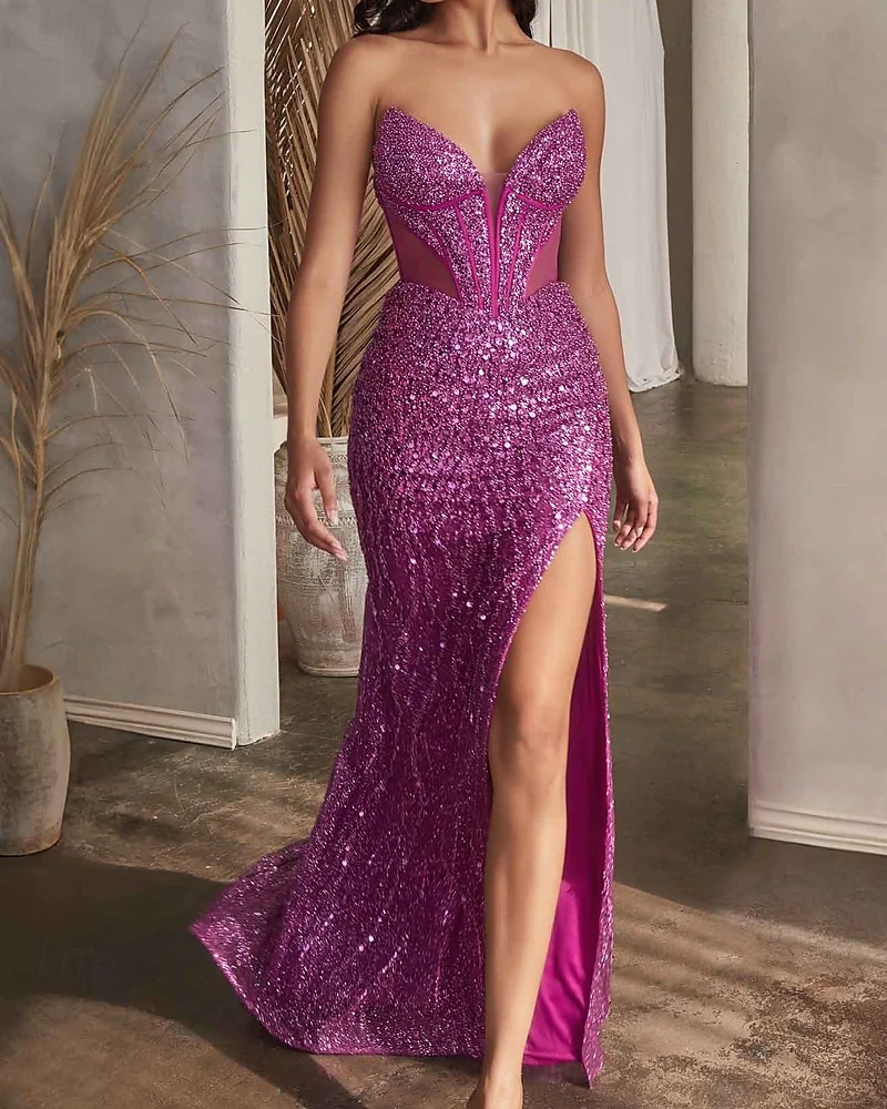 Felle roze drop waist jurk zeemeermin  trompet prom jurken elegante jurk formele semi-formele bruiloft sweep  brush train mouwloos plunge hals met glitter sequins split 2025 - $136.99 –P1