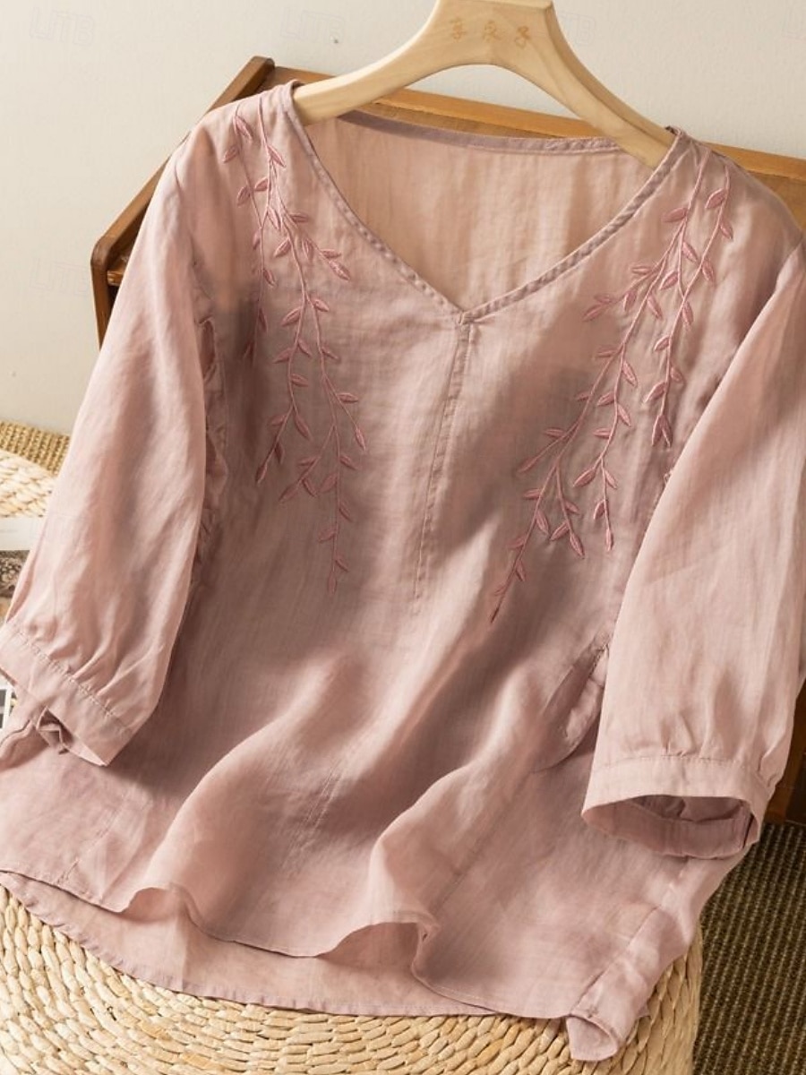 Cămașă de damă din bumbac și in, model floral, simplu, etnic, casual, mânecă 3/4, decolteu în V, croială regulată, topuri, zi de zi, brodat, galben, albastru marin, violet, portocaliu, caisă, vară 2025 - $17.99 –P8