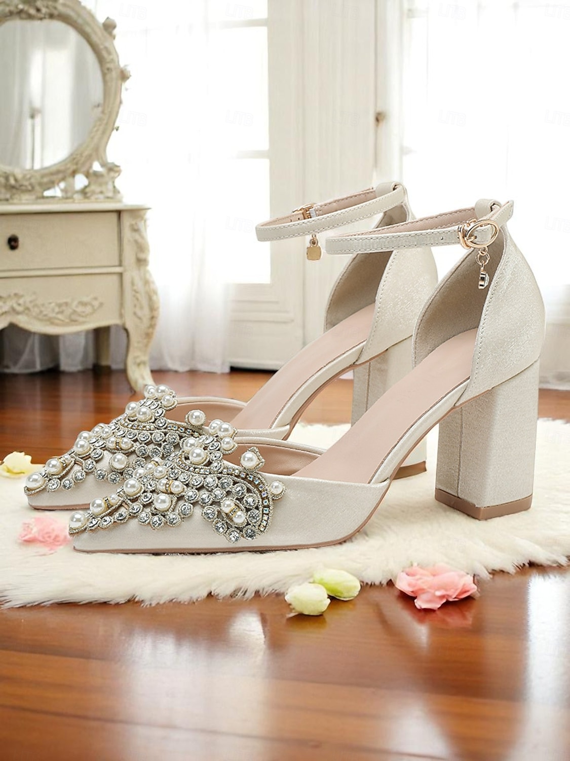 Women's Pearl and Rhinestone Block Heels – Pointed-Toe Satin Bridal Wedding Pumps – Elegant Ivory High Heels 2026 - $64.99 –P1