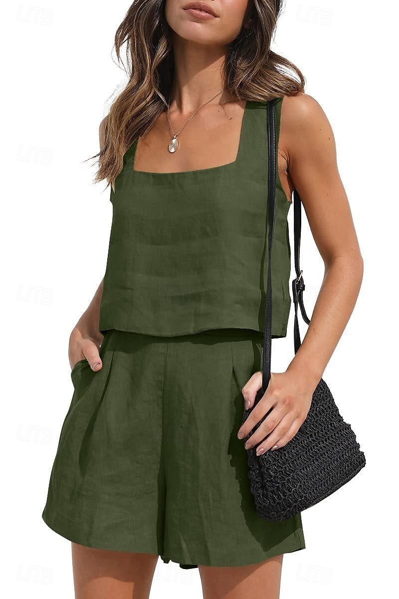Femmes Actif Basique Ensembles en coton et lin Sans manches Col carré Couleur Unie Décontracté Quotidien Noir Rose Claire Vert Véronèse Été Coupe régulière de 2025 ? $25.99 –P1