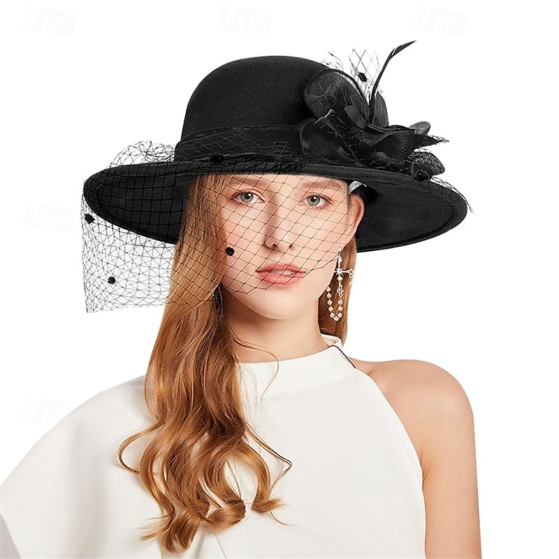 Vintage Fedora Bucket Hat with Removable Mesh Flowers Feathers Elegant Ladies Bowler Hat Winter Warm Wide Brim Church Derby Hat for Wedding Race Banquet 2025 - $23.99 –P1