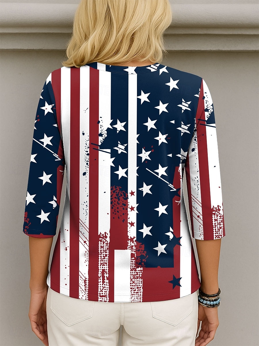 חולצת נשים פטריוטית עם גרפיקה של דגל אלגנטית אופנתית קז'ואלית עם שרוול באורך 3/4 וצווארון V רגיל בגוון כחול כהה קיץ 2026 - $27.99 –P2