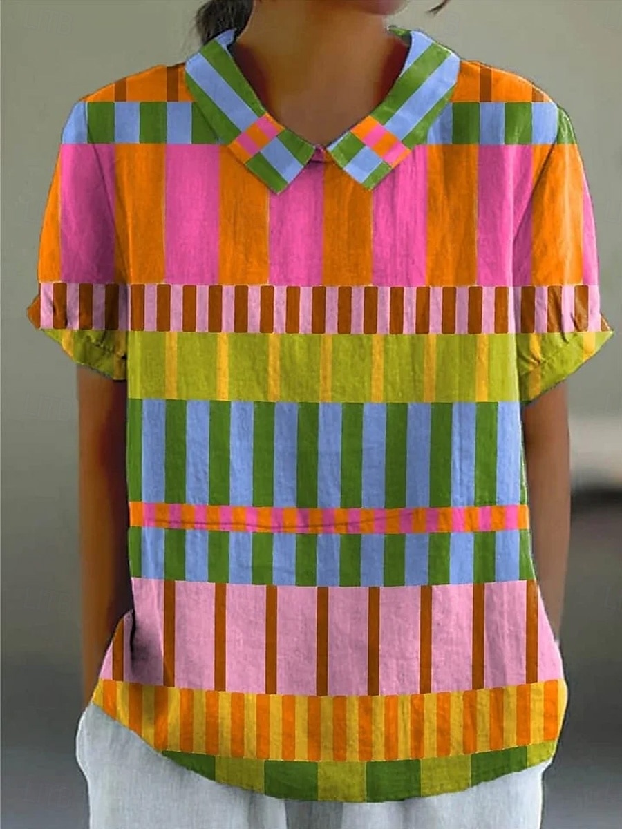 Women's Blouse Graphic Geometric Striped Elegant Daily Stylish Short Sleeve Shirt Collar Regular Tops Work Daily Holiday Buttons Blue Orange Green Summer Spring 2025 - $23.99 –P3