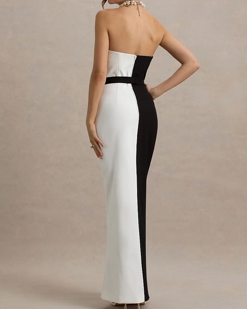 Vestidos de coquetel sereia/trompete preto e branco, elegante, formal, casamento, comprimento até o chão, comprimento longo, sem alças, crepe elástico com laço(s) 2025 de 2025 por $144.99 –P4