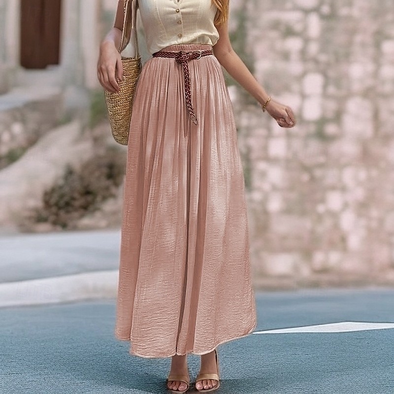 Damen Asiatische Größe Schwingend Leinenröcke Elegant Lässig Midi Hohe Taille Röcke Einfarbig Gerafft Plissiert Fließend Mikroelastisch Urlaub Täglich Wein Schwarz Weiß Rosa Frühling, Herbst, Winter 2025 - $32.99 –P3