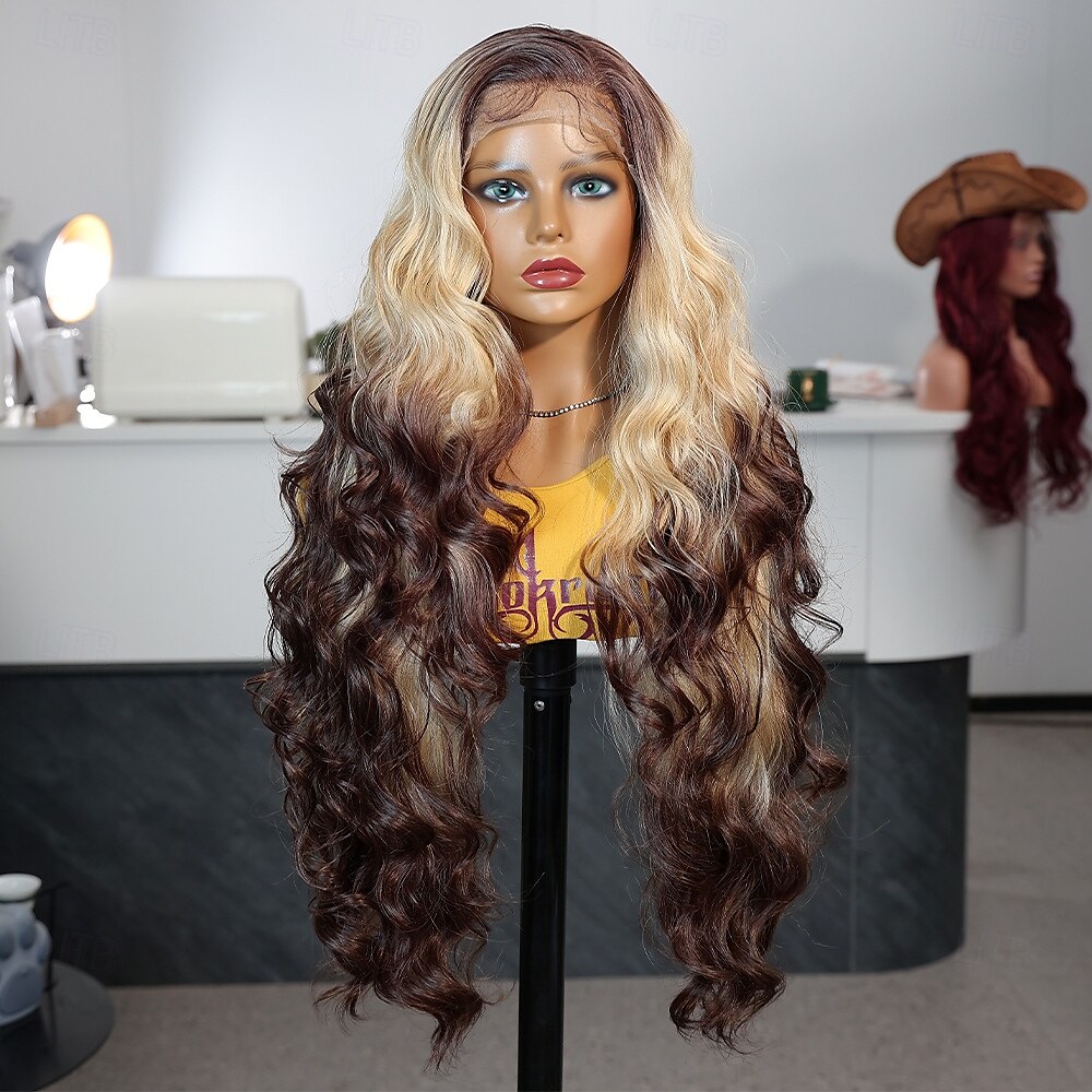 Syntetická krajková paruka Vlnité Styl 30 inch Tmavě hnědá zlatá blondýnka Střední část 13x4 krajka vpředu Paruka Dámské Paruka A1 2025 - $76.99 –P2