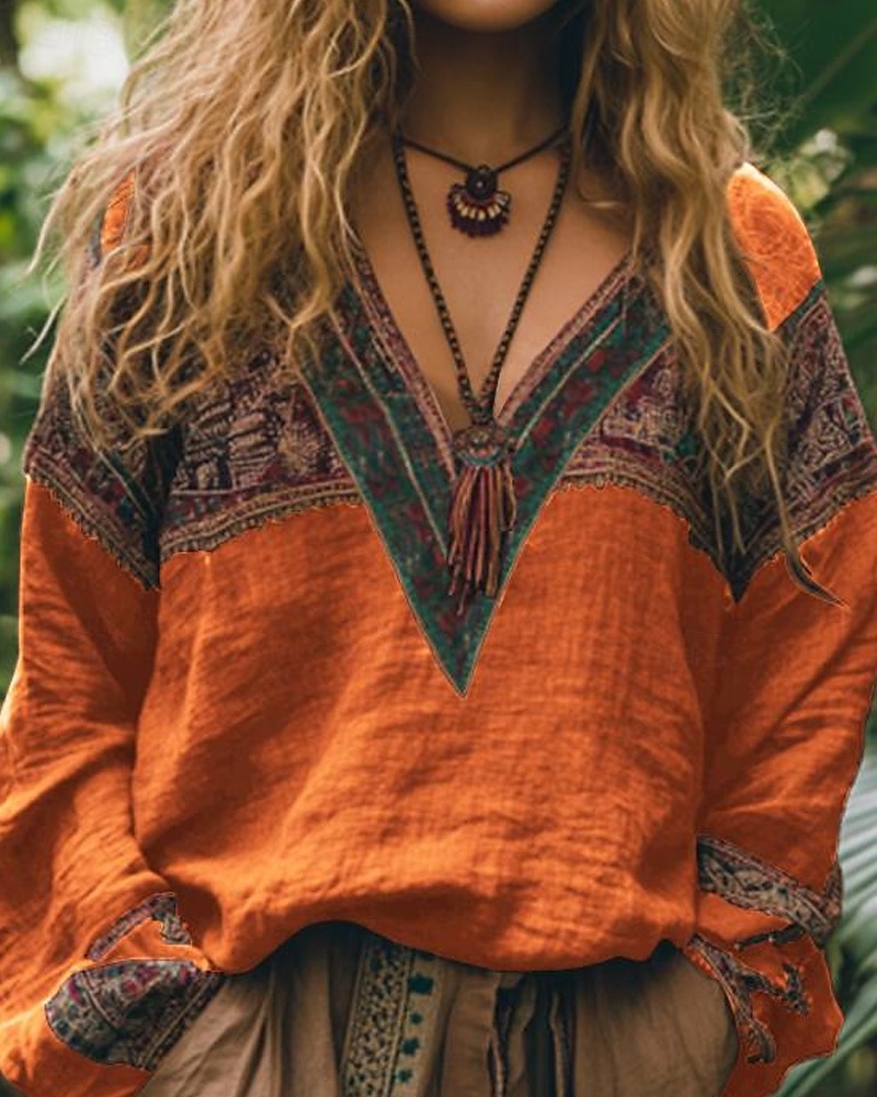 Women's Cotton Linen Shirts Boho Shirt Blouse Flower Modern Boho Long Sleeve V Neck Regular Tops Holiday Going out Print Black Red Orange Dark Gray Apricot Summer 2025 - GBP £19.99 –P1