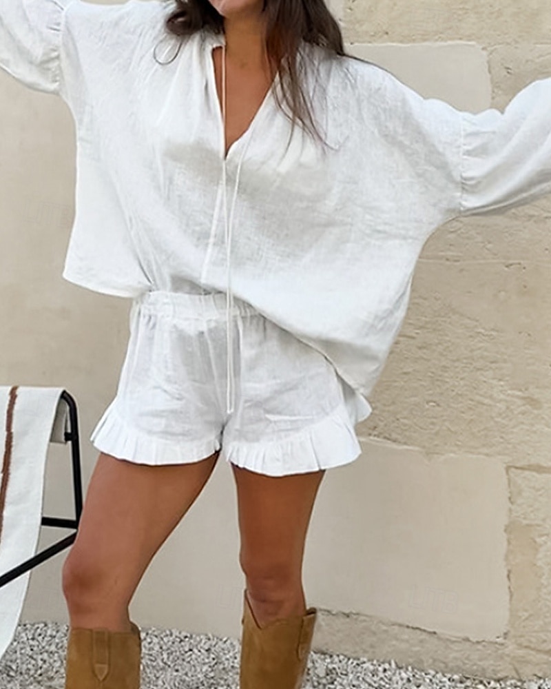 Femmes Actif Chemises en coton et lin Chemisier Ensembles de Shorts manche longue Col en V Couleur Unie Froncé Décontracté Quotidien Week-end Noir Blanche Rose Claire Été Coupe régulière de 2025 ? $24.99 –P3