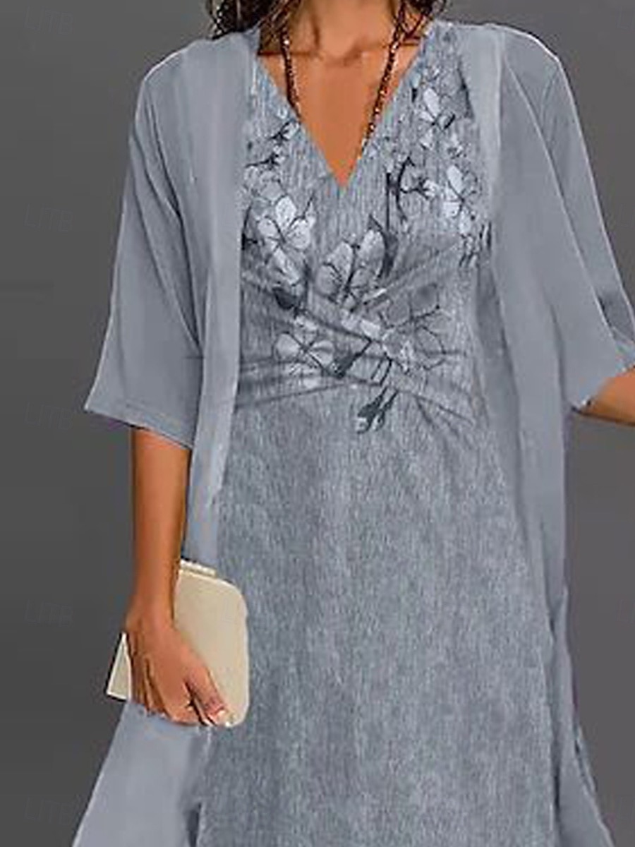 Women's Dress Set Sheath Dress A Line Dress Summer Dress Party Formal Floral Graphic Print Knot Front Mini Dress Half Sleeve V Neck Formal Vacation Gray Summer Spring Regular Fit 2025 - $51.99 –P2