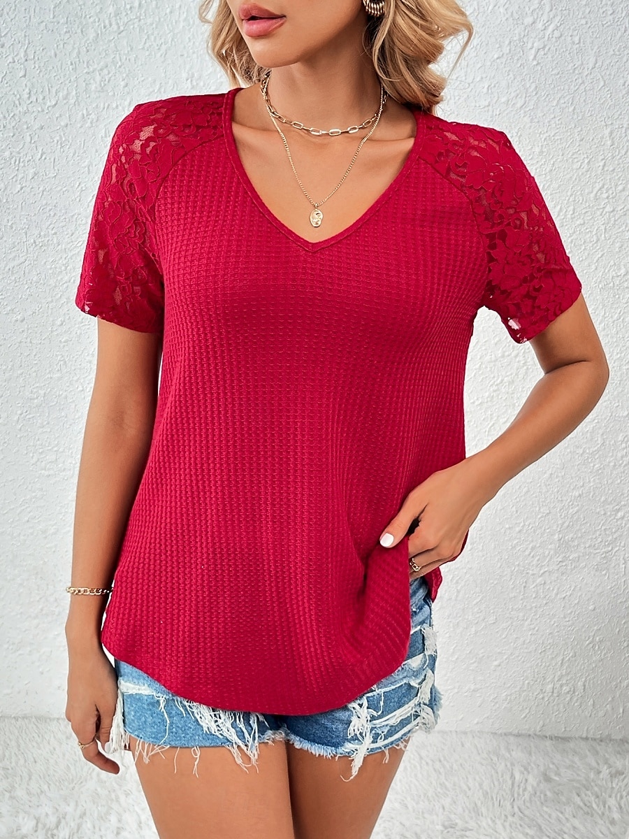 Pentru femei Tricou Simplu Modă Stilat Modern Manșon scurt În V Topuri obișnuite Zilnic Sfârșit de săptămână Dantelă Peteci Negru Alb Roșu-aprins Trifoi Vară 2025 - $15.99 –P2