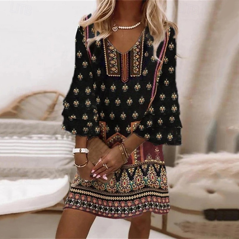 Pentru femei Rochie Mini Rochie casual Rochie de vară Rochie Boho Modă În aer liber Petrecere Concediu Fit regulat Floare Manșon Lung În V Negru Vară Primăvară 2025 - $24.99 –P1