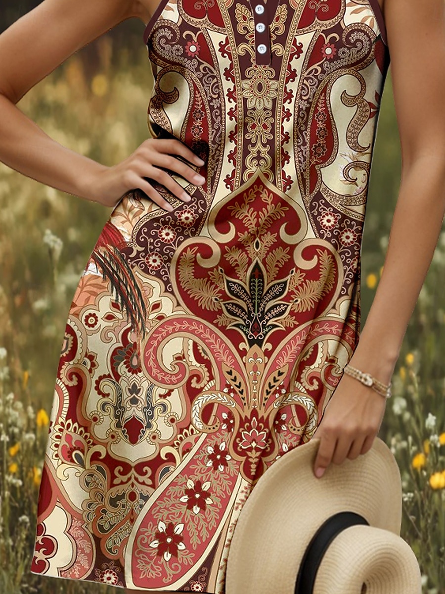 Women's Mini Dress Sundress A Line Dress Summer Dress Off The Shoulder Dress Casual Holiday Beach Regular Fit Graphic Paisley Bohemian Sleeveless V Neck Light Yellow Red Blue Purple Summer Spring 2025 - $21.99 –P3