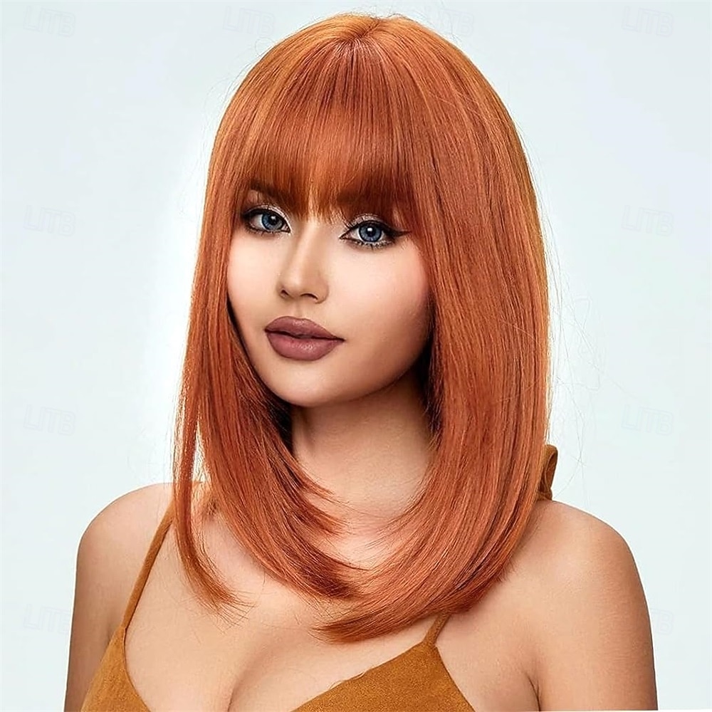 2026年 女性用ミディアムロングヘアウィッグ、ダークブラウンボブウィッグ、フリンジ付き、ナチュラルストレートヘアウィッグ、ハロウィン仮装コスプレ用16インチ  コレクション – $24.99 –P12