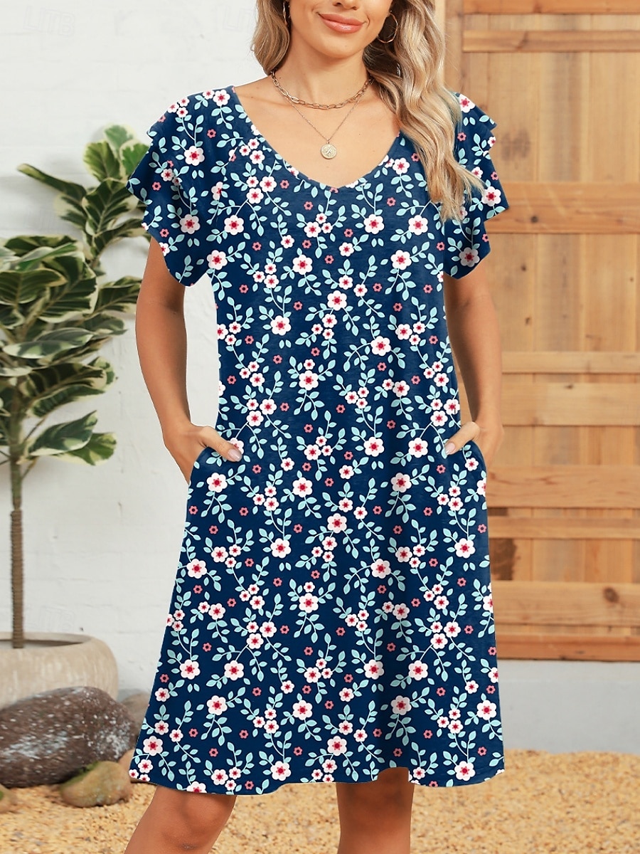 Damskie Sukienka mini Sukienka A line Letnie sukienki Codzienny Codzienny Regularny Kwiaty Krótki rękaw W serek Czarny Biały Rumiany róż Niebieski Lato 2025 - $21.99 –P6