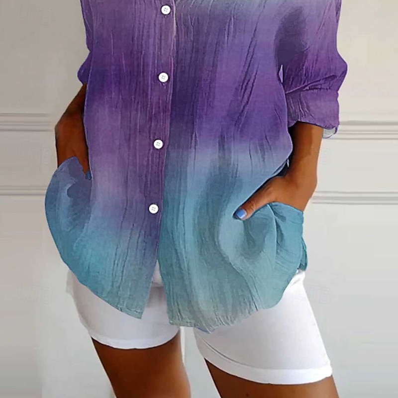 Dame Skjorte Bluse Batikkfarget Moderne Fritid Langermet Skjortekrage Vanlige topper Ferie Ut på byen Knapper Lilla Sommer 2025 - $25.99 –P3