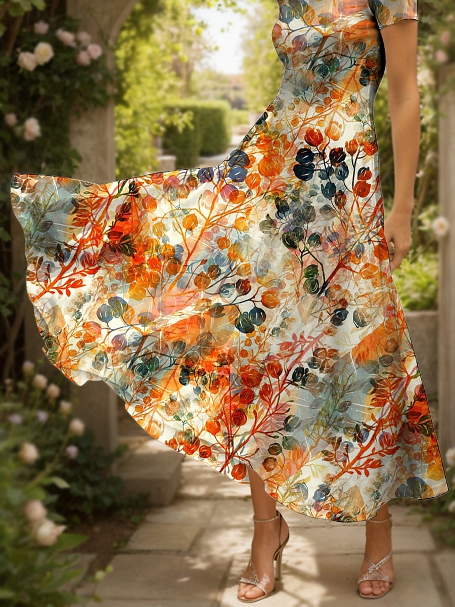 Damen Maxikleid Freizeitkleid A Linie Kleid Sommerkleid Elegant Urlaub Lässig Normale Passform Grafik Blatt Kurzarm Quadrathals Rundausschnitt Gelb Rote Blau Purpur Sommer 2025 - $30.99 –P3