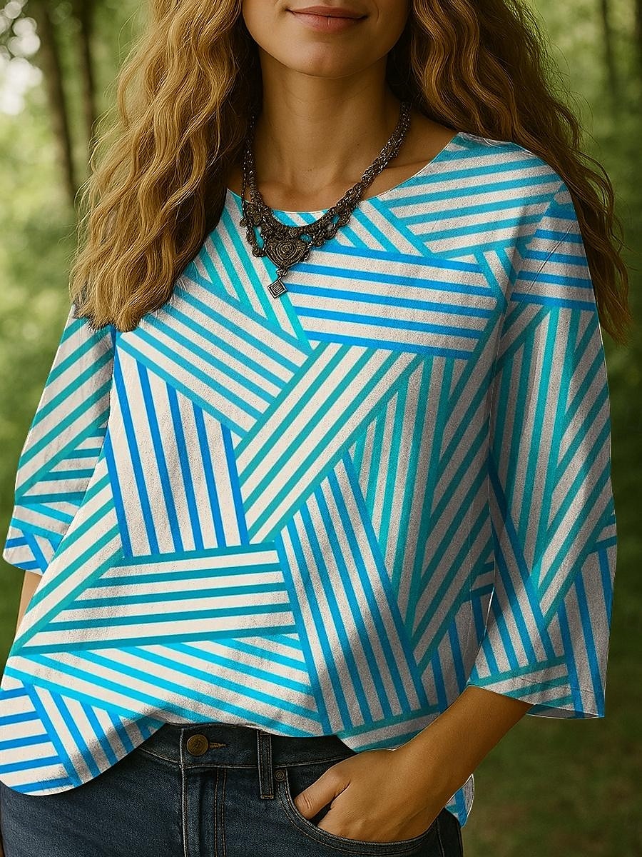 Dame Bluse Grafisk Stripet Bohem Årgang 3/4 ermer Crew-hals Vanlige topper Daglig Ferie Trykt mønster Blå Lilla Grønn Sommer Vår 2025 - $27.99 –P1