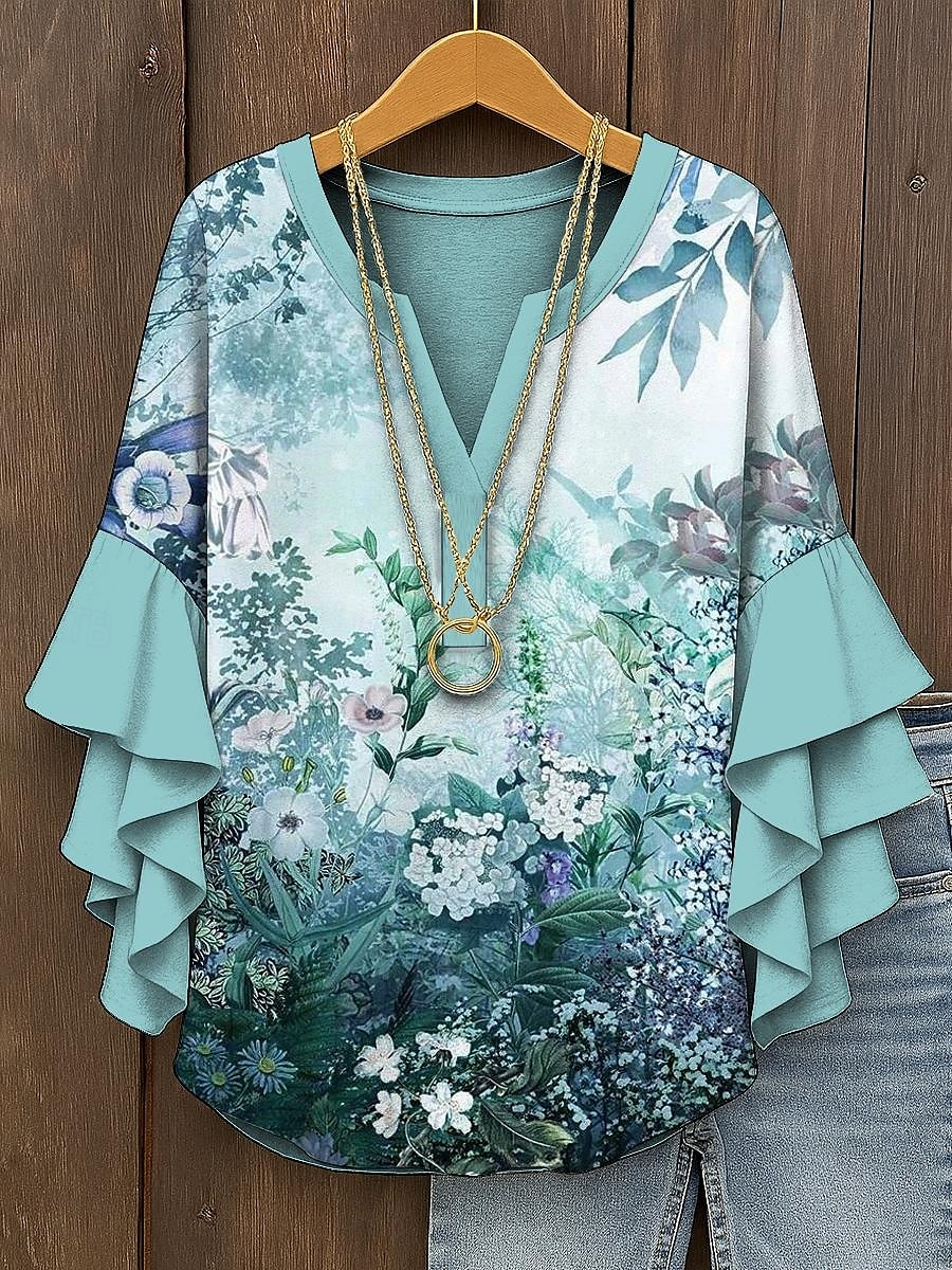 Dame Bluse Nyanse Blomstret Grafisk Elegant Bohem Etnisk 3/4 ermer V-hals Vanlige topper Daglig Ferie Ferieklær Trykt mønster Gul Rosa Blå Lilla Grønn Sommer Vår Høst 2025 - $29.99 –P4