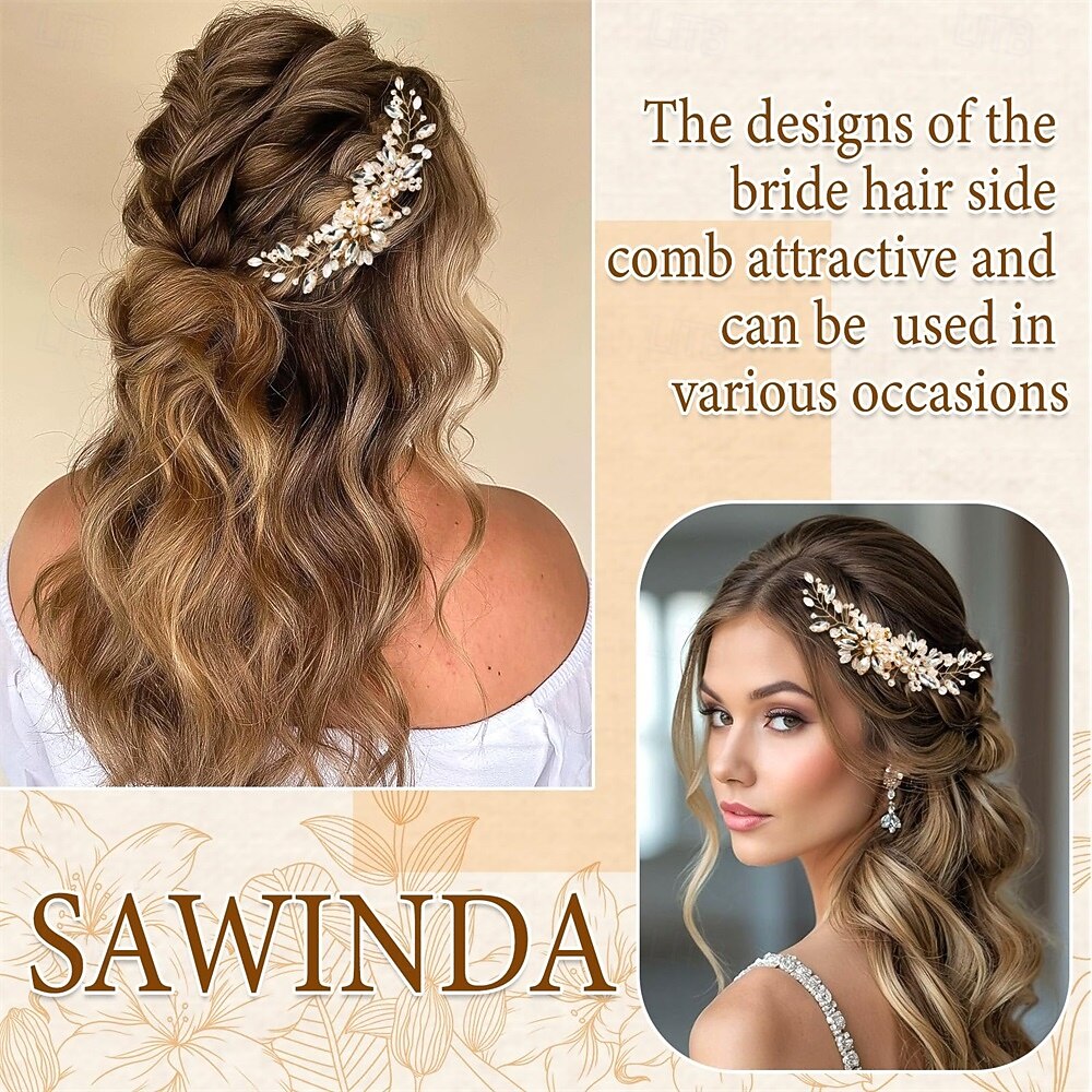 Wedding Hair Piece Sparkly Crystal Hair Side Comb Gold Bridal Pearl Headwear Bride Bridesmaid Flower Headdress for Women and Girls 2026 - $10.99 –P5