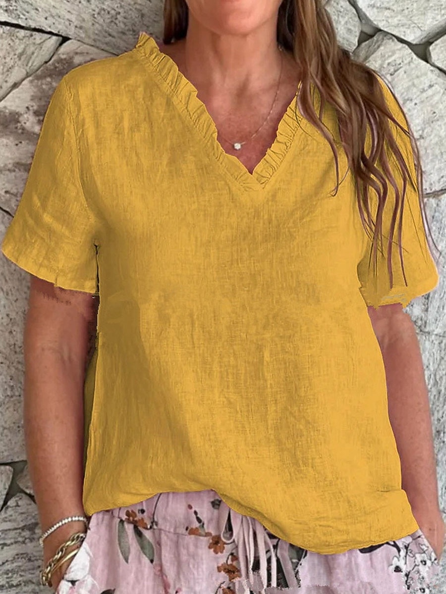 Damen Bluse aus Baumwolle und Leinen, einfarbig, elegant, lässig, kurzärmlig, V-Ausschnitt, normale Oberteile, Alltag, Urlaub, Rüschen, schwarz, weiß, gelb, rosa, blau, Sommer, Frühling 2025 - $19.99 –P2
