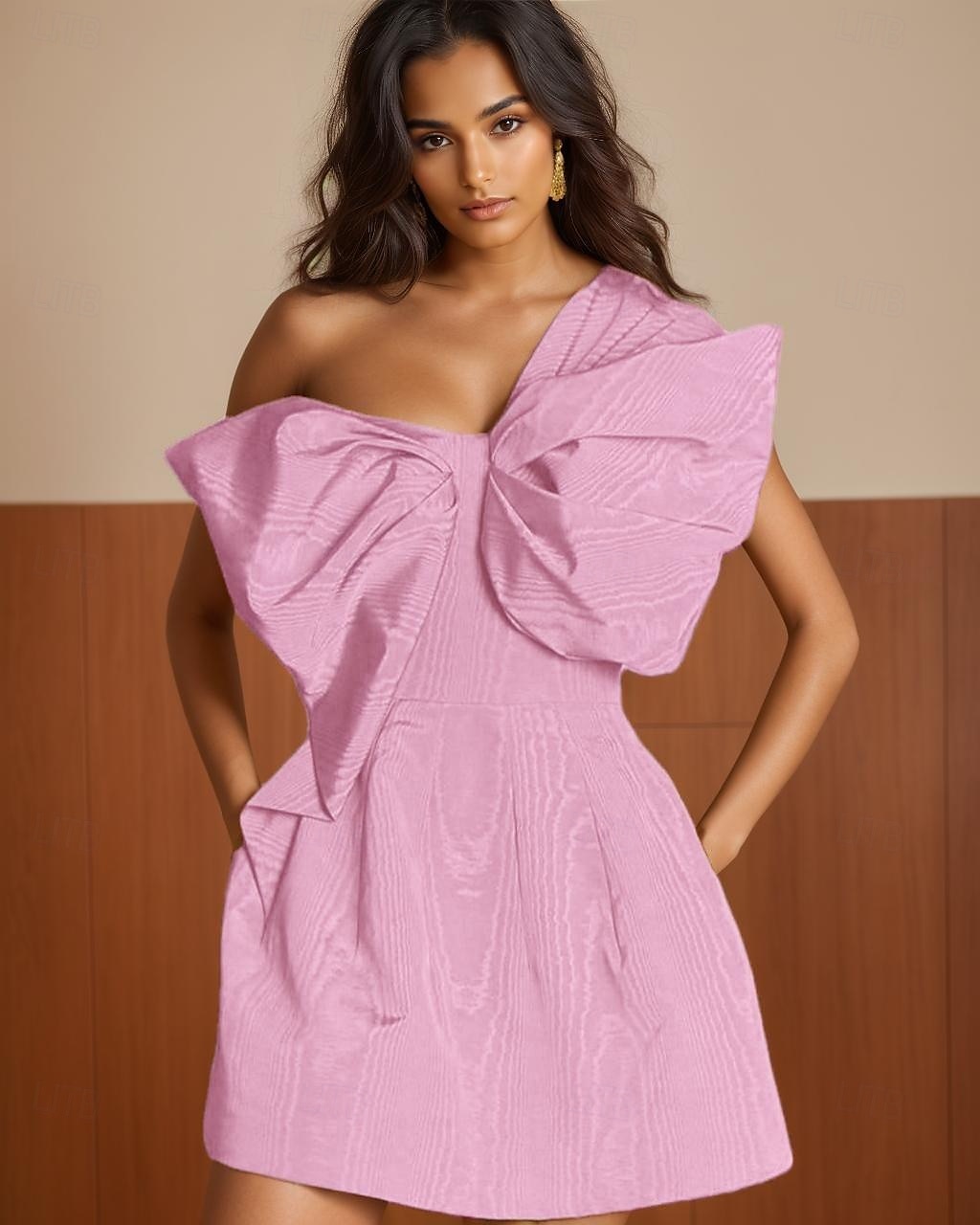 Robe Moire moutarde jaune haute couture robe de bal A-Line robes de retour à la maison jacquard élégant robe formelle semi-formelle mariage courte  mini sans manches épaule unique avec nœud(s) robe de 2025 ? $139.99 –P5