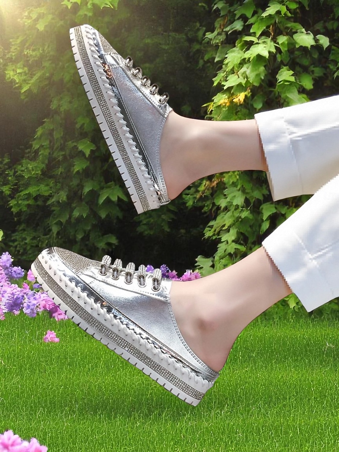 женские серебристые металлические кроссовки-слипоны с блестками, повседневная обувь на платформе для повседневной носки и свиданий 2026 - $46.99 –P1
