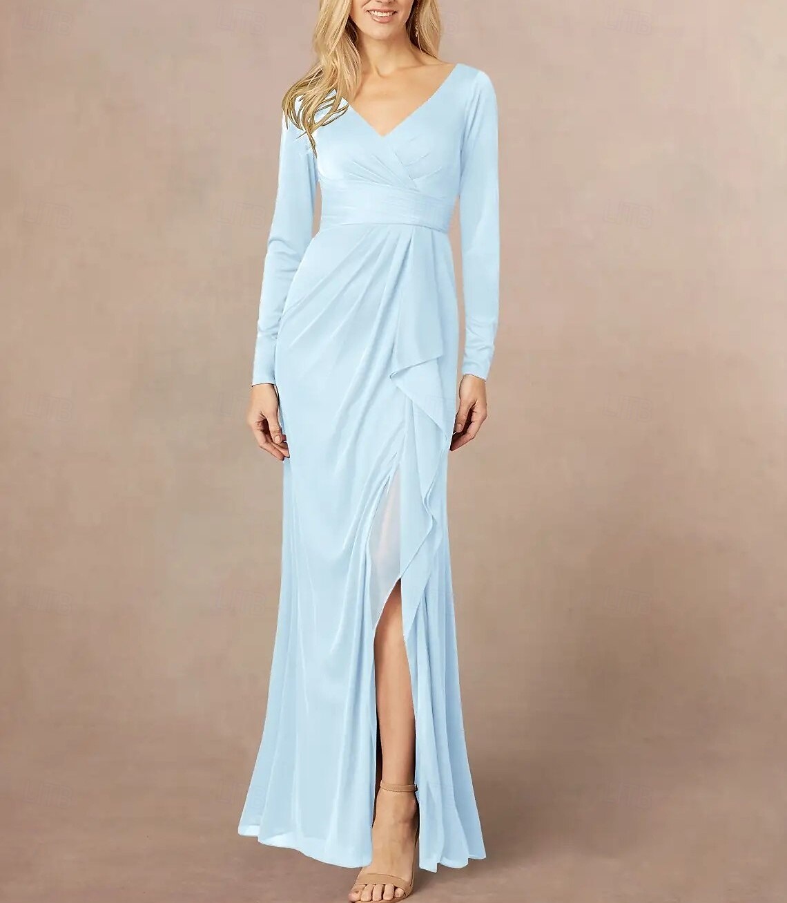 Meerjungfrau  Trompete Brautmutter Kleid Hochzeitsgast Elegantes V-Ausschnitt Bodenlang Chiffon Lange Ärmel mit Rüschen Schlitz vorne Raffung 2025 - $156.99 –P1