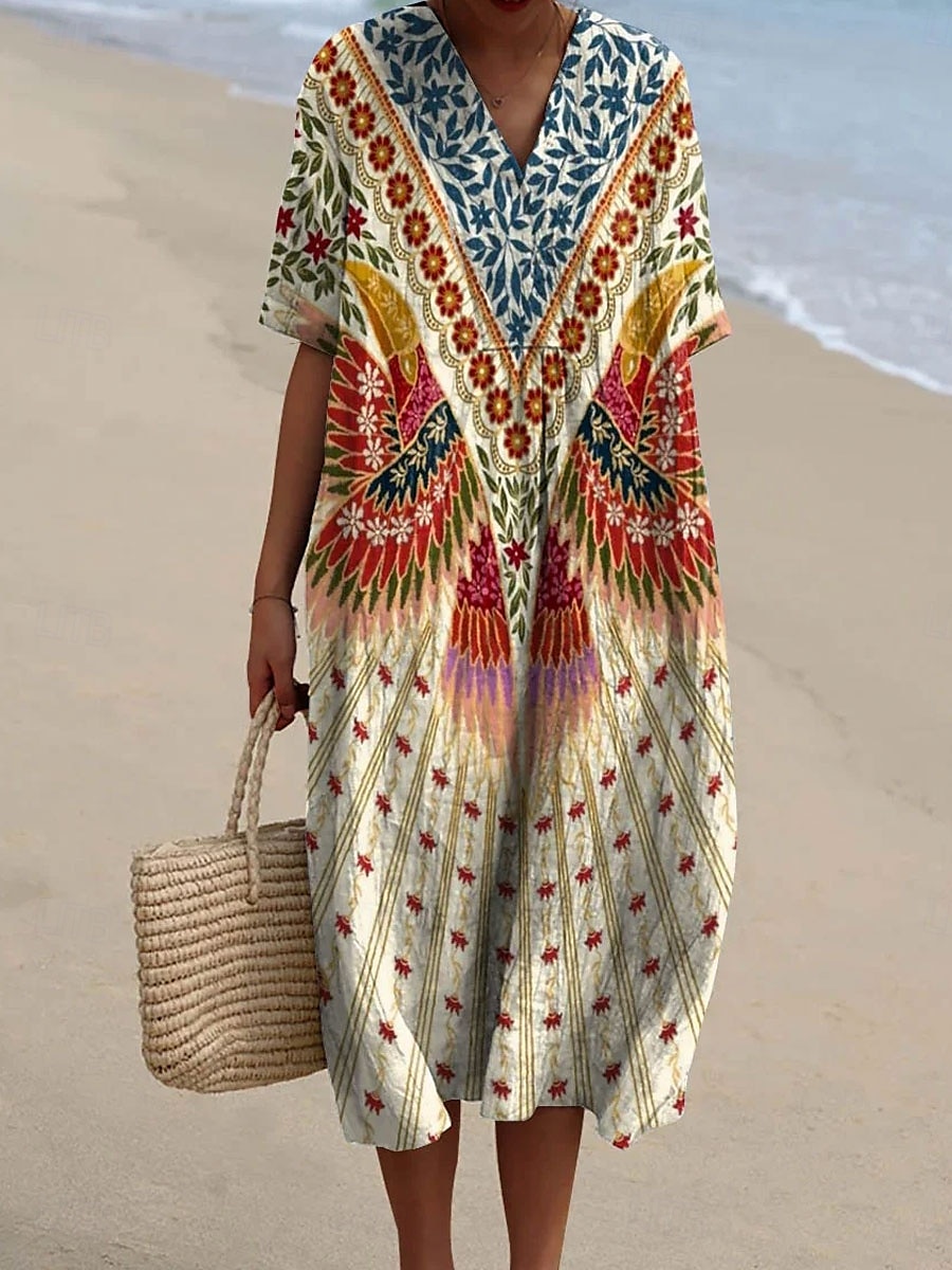 Pentru femei Rochii Midi Rochie de Vară Rochie A line Vacanță Casual Boho Petrecere Ieșire Plajă Floral Grafic Manșon Lung În V Bej Vară Primăvară 2025 - $37.99 –P1