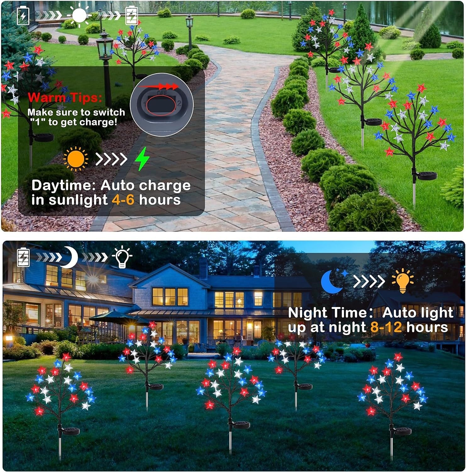 1 шт. патриотичных уличных водонепроницаемых солнечных ламп для Дня независимости 4 июля 250-й юбилей День памяти красный белый синий пентаграмма наземный свет декор для сада 2026 - $16.49 –P9