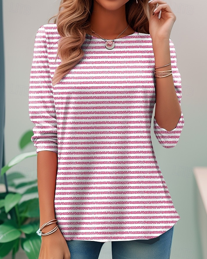 Damen T-Shirt Langarm Rundhals Langarm Tunika Grafik Gestreift Elegant Vintage Reguläre Oberteile Täglicher Ausgehen Wochenenddruck Pink Blau Lila Orange Grün Vorherbst 2026 - $24.99 –P7