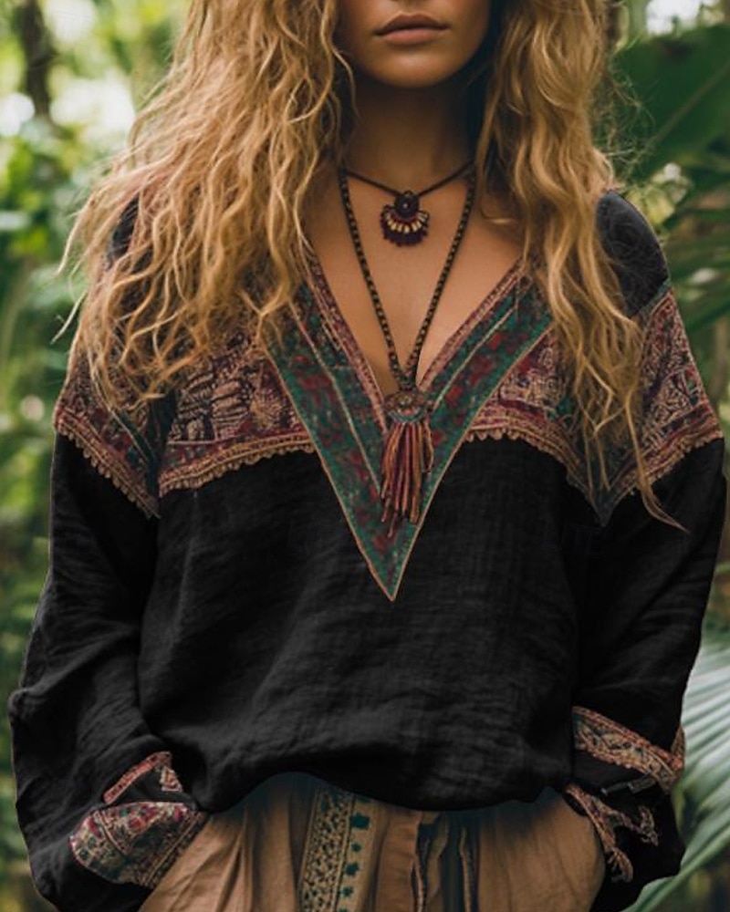 Women's Cotton Linen Shirts Boho Shirt Blouse Flower Modern Boho Long Sleeve V Neck Regular Tops Holiday Going out Print Black Red Orange Dark Gray Apricot Summer 2025 - GBP £19.99 –P4