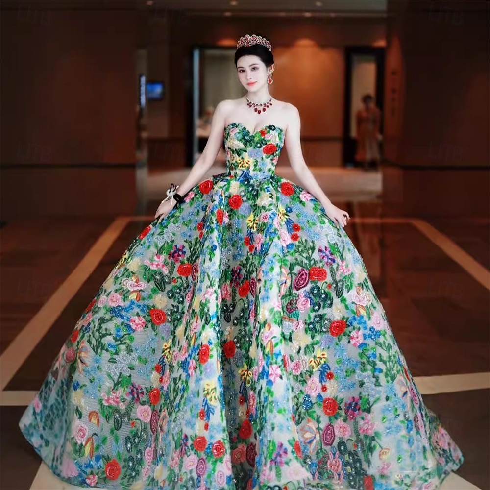 Abito da Ballo Quinceanera Elegante Abito Formale Matrimonio Lunghezza Piena Senza Maniche Senza Spalline Tulle Senza Schiena con Stampa Floreale Abito Ospite Matrimonio 2025 del 2025 a $219.09 –P6