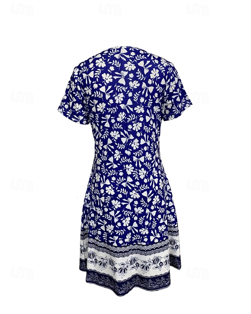 Pentru femei Rochie Mini Rochie florala Rochie Boho Clasic În aer liber Vacanță Zilnic Fit regulat Floare Manșon scurt Stil Nautic Albastru piscină Vară 2025 - $23.99 –P4