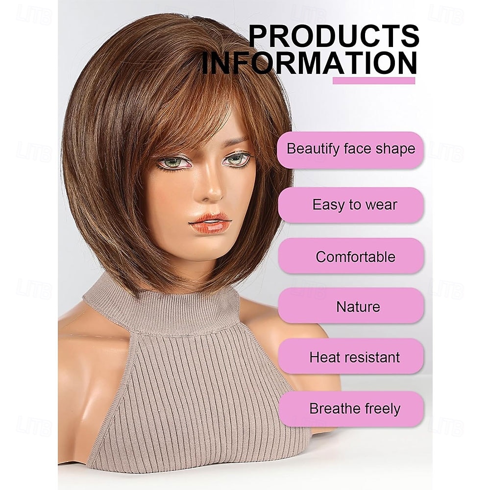 2025年 女性用ボブウィッグ、フリンジ付き合成ウィッグ、ブラウンカラー  コレクション – $24.99 –P2