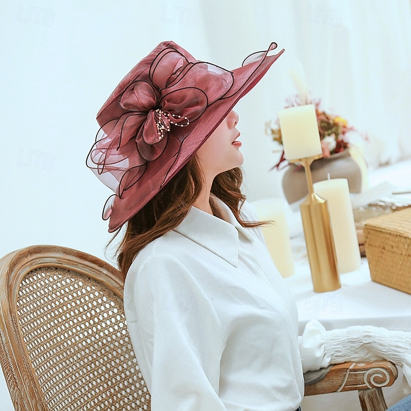 Hatter organza Bryllup Aftenselskap Te Fest Strand Hesteløp Elegant søt stil Solbeskyttelse Med Blomster Hodeplagg Hodeplagg 2025 - $16.99 –P18