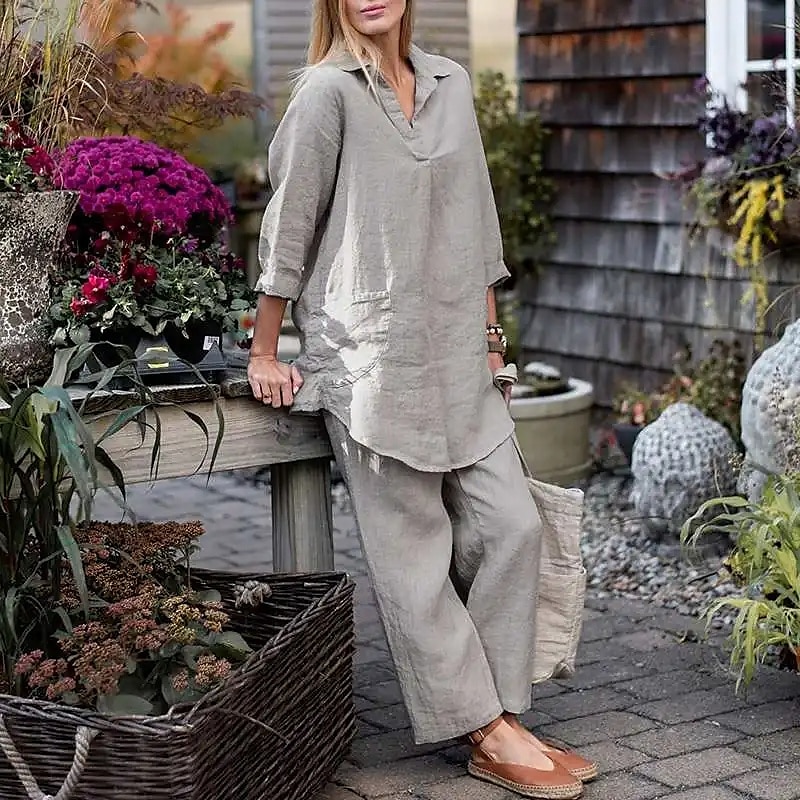 Per donna Moda Streetwear Camicie di cotone e lino Set di biancheria in cotone Set di Pantaloni Manica Lunga Colletto a Camicia Semplice Abbigliamento quotidiano Data Blu Verde Grigio Estate del 2025 a $38.99 –P1